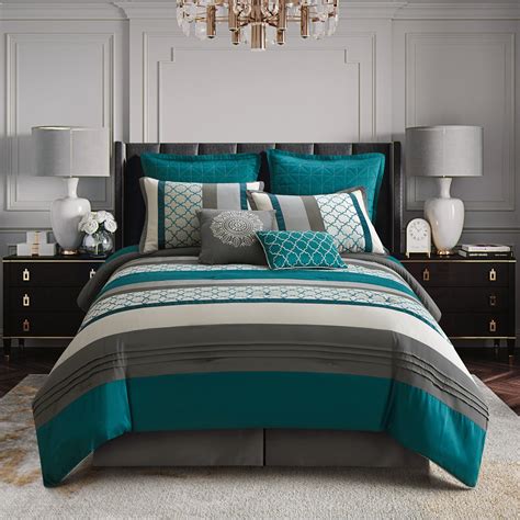 Lanco 8-Piece Queen Comforter Set, Moroccan Peacock Teal, Grey Striped ...