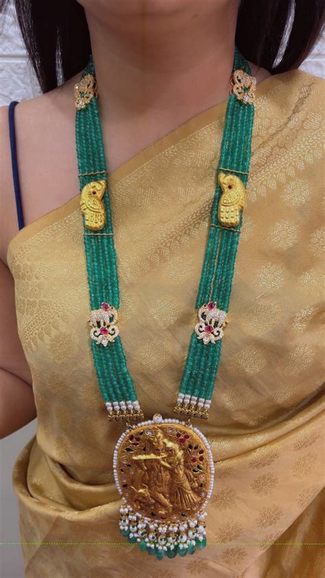 22K Gold Hallmarked Diamond Polki Radha Krishna Green Necklace Jewelry ...