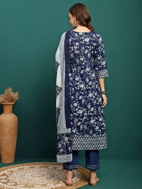 Printed Pure Cotton Anarkali Kurta With Trouser & Dupatta Set - BANDIA