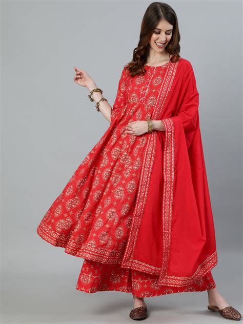 Buy Ishin Women's Red Embroidered Gotta Patti Anarkali Kurta With ...