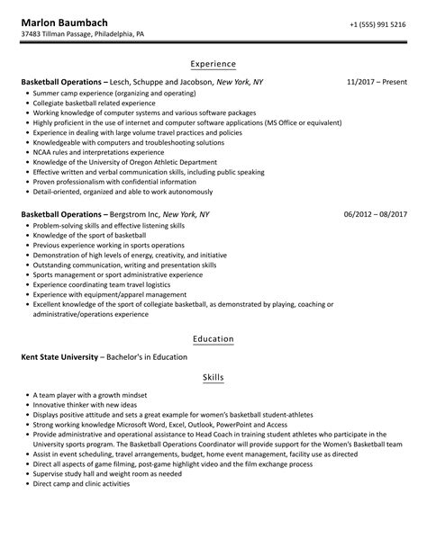 Basketball Operations Resume Samples | Velvet Jobs