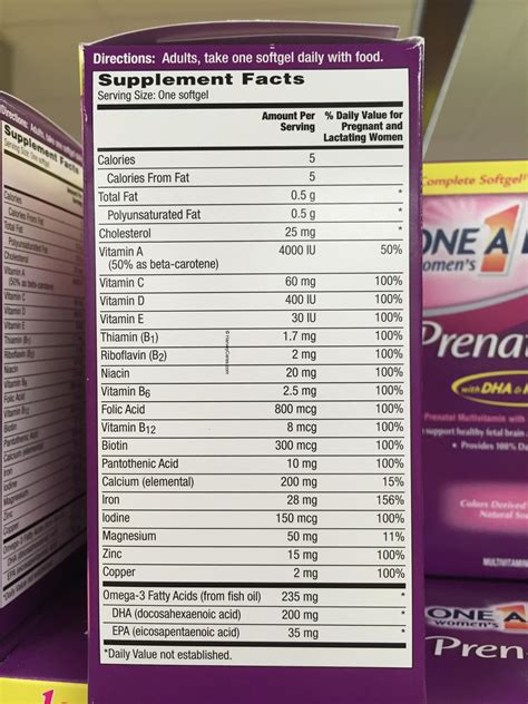 One a Day Women's Prenatal 1 Multivitamins Supplement Facts Directions ...