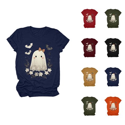 Cute Ghost Halloween Tshirts Women 2025 Short Sleeve Crewneck Graphic ...