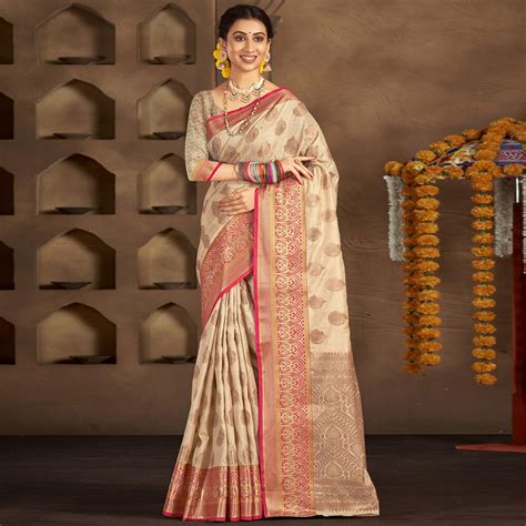Chikoo Woven Cotton Blend Saree