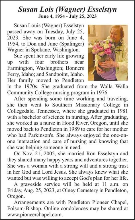 Susan Lois (Wagner) Esselstyn, June 4, 1954 - July 25, 2023 ...