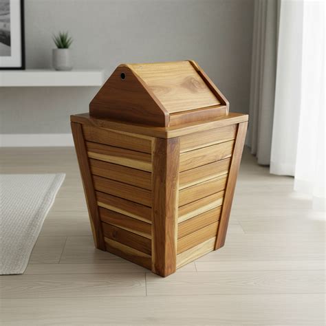 Teak wood trash can with swing top lid | Wood Ceylon
