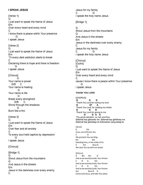 8-6 - Lyrics - I SPEAK JESUS [Verse 1] G I just want to speak the Name ...