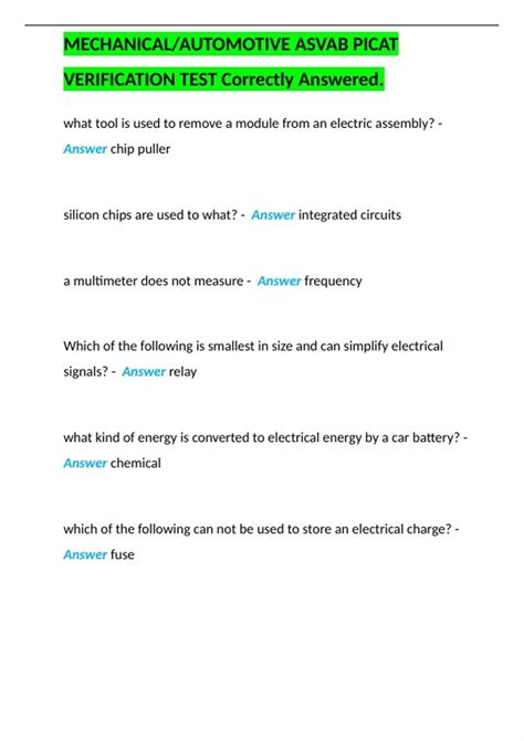 MECHANICAL/ AUTOMOTIVE ASVAB PICAT VERIFICATION TEST Correctly Answered ...