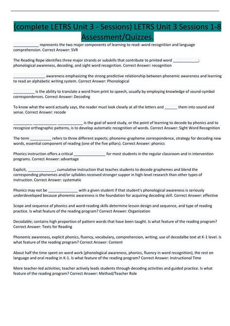 (Complete LETRS Unit 3 - Sessions) LETRS Unit 3 Sessions 1-8 Assessment ...