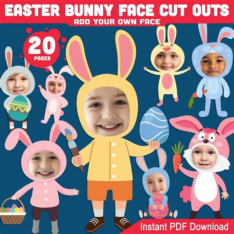 Easter Bunny Face Cut Out: 20 Printable Templates for a Fun DIY Photo Craft, Add Your Own Face ...