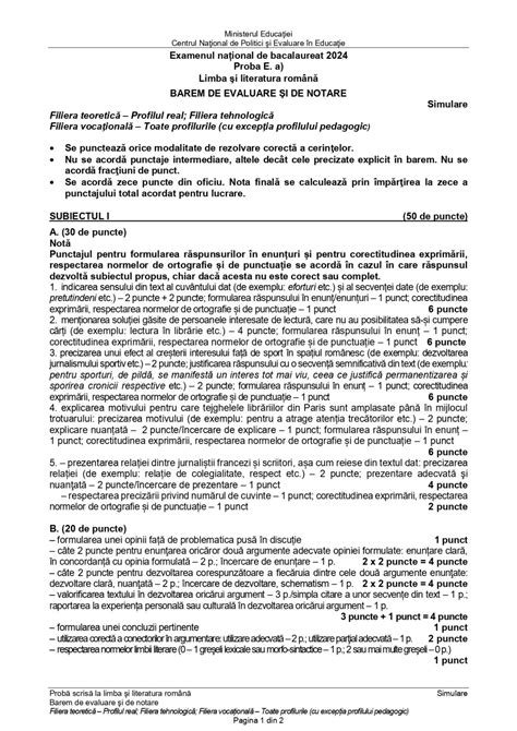 Baremele de corectare și notare pentru Limba română, simularea ...