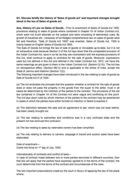 Sales of goods act, 1930 notes - Q1. Discuss briefly the history of ...