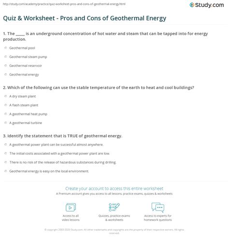 Quiz & Worksheet - Pros and Cons of Geothermal Energy | Study.com