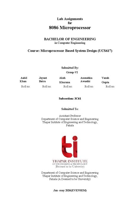 Lab Assignments on 8086 Microprocessor (UCS617) for Engineering ...
