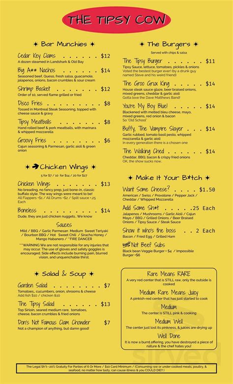 The Tipsy Cow Bar and Grill menu in Cedar Key, Florida, USA