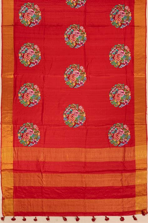 Tussar Floral Embroidery Red Saree | Kankatala