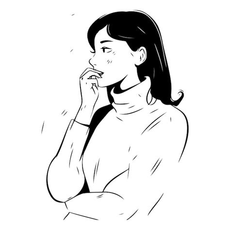 Vector illustration of a young woman in a red sweater thinking ...