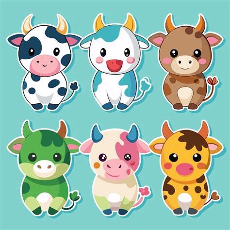 Six cute cartoon cows with different color patterns and expressions on ...