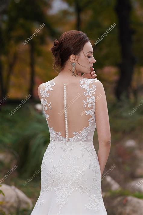 Appliques Lace Mermaid Long Train Wedding Dress – MakerryBridal