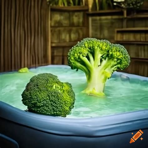 Broccoli with arms relaxing in a hot tub on Craiyon
