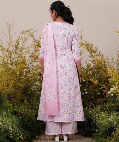 Buy Pink Printed Cotton Blend A-Line Kurta With Palazzos & Dupatta ...