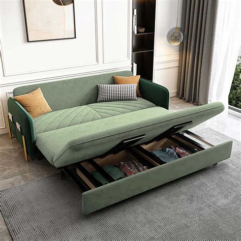 Modern convertible green velvet upholstered sleeper sofa bed with ...
