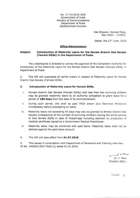 Introduction of Maternity leave for female GDS in Department of Posts