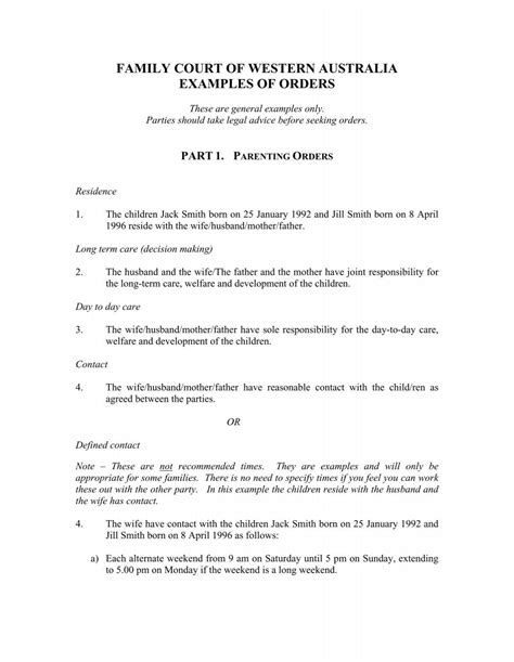 Examples of parenting orders - Family Court of Western Australia
