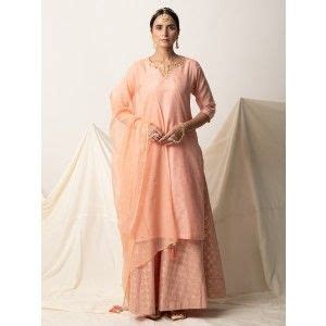 Buy Peach Sequins Work Chanderi Silk Kurta with Brocade Skirt and Kota ...