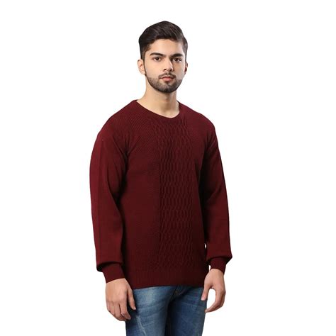 Men Maroon Structure Cable Acrylic Wool Blend Round Collar Sweaters ...
