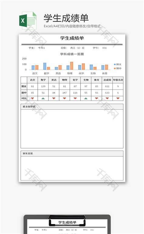 学生成绩单Excel模板_千库网(excelID：160181)