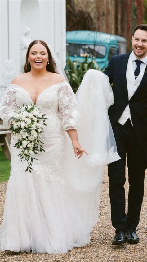 Real happy bride in a gorgeous custom plus size wedding dress by Studio Levana | Plus wedding ...
