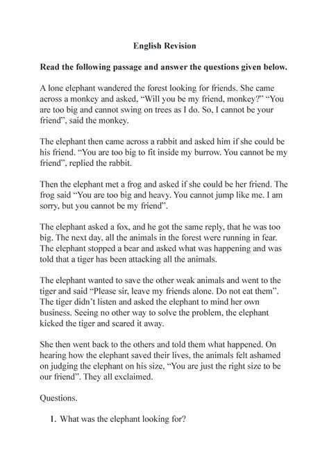 Elephant and Friends Story unseen passage - English Revision Read the ...