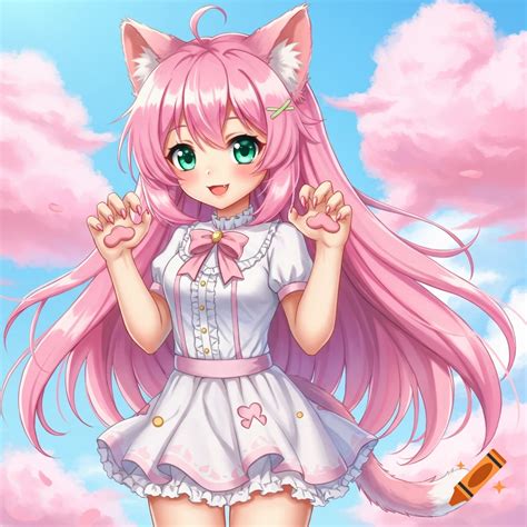 An anime cat girl with pink hair and green eyes smiles, holding up her ...