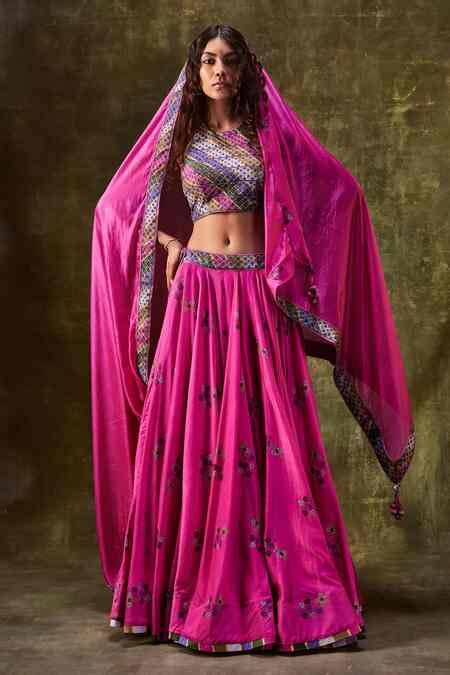 Buy Pink Chanderi Silk Resham And Coin Work Round Printed Lehenga Set ...