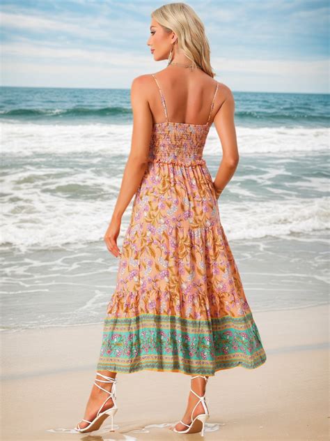 Boho Floral Summer Spaghetti Strap A-Line Flowy Smocked Midi Dress ...
