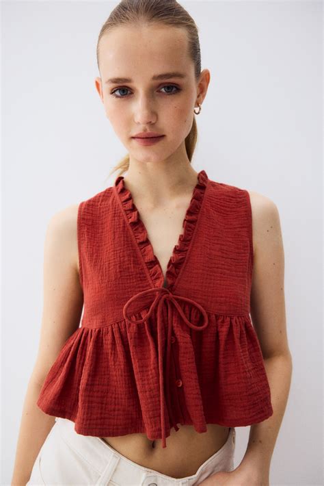 Frill-trimmed muslin top - Rust red - Ladies | H&M IN
