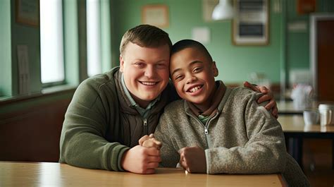 Happy young man with Down syndrome and his mentor friend celebrate ...