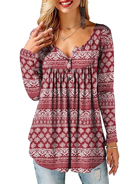 Amoretu Womens Shirts V Neck Long Sleeve Loose Fits Tunic Tops Blouses ...