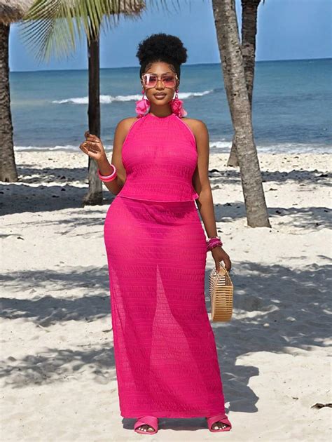 Slaydiva Plus Size Women 2 Pieces Set: Backless Tie-Up Halter Top ...