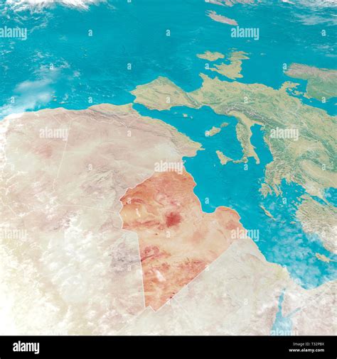 Physical map with reliefs of Libya, Libyan state in evidence. 3d map of north Africa and Europe ...