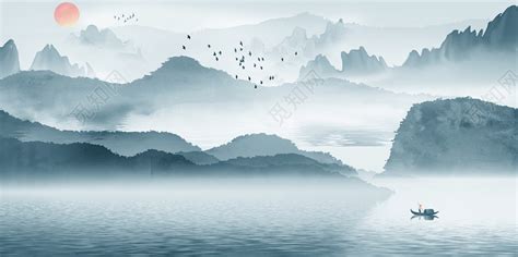 中国风意境水墨山水风景原创海报插画图片素材免费下载 - 觅知网