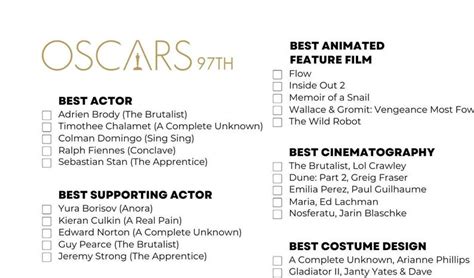 2025 Oscars Ballot, 97th Academy Awards, Oscars Watch Party Game ...