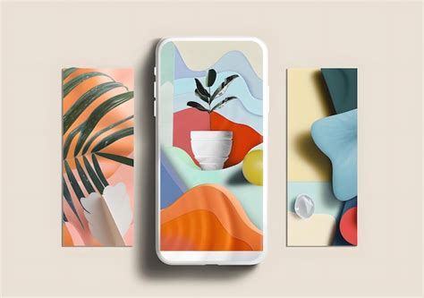 Abstract phone mockup with colorful paper cutouts and a plant in a pot ...
