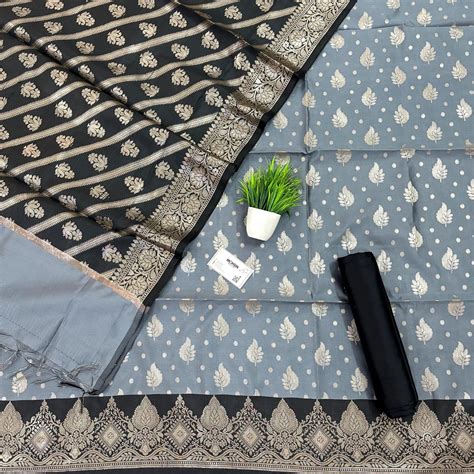 Grey and Black Pankh Buti Satin Silk Banarasi Suit – Mohsin Textiles