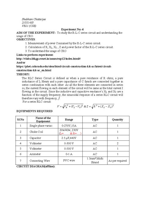 21051430 BEE LAB Experiment 6: R-L-C Circuit Analysis and CRO Usage ...