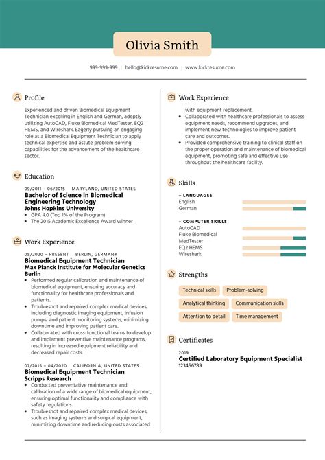 Biomedical Equipment Technician Resume Sample | Kickresume