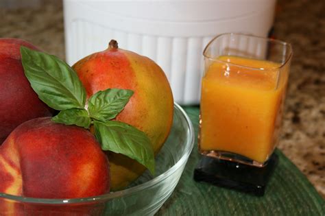 Juicing Peaches Mangoes and Basil for a Truly Unique Treat!