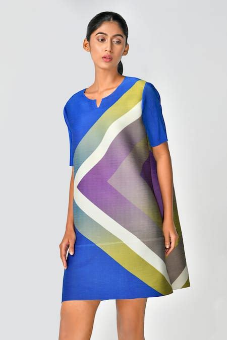 Buy Blue Polyester Split V-neck Geometric Print Dress For Women by ...