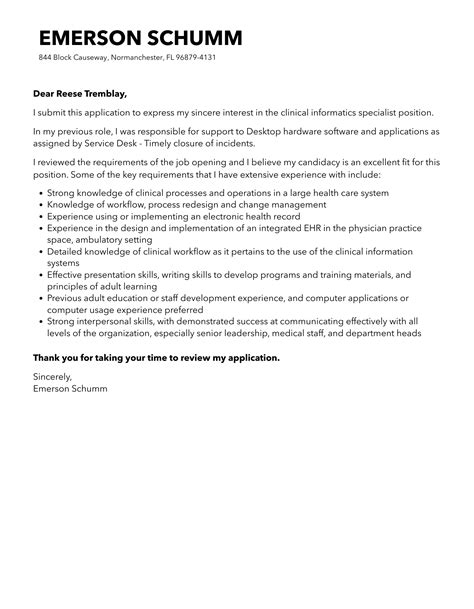 Clinical Informatics Specialist Cover Letter | Velvet Jobs